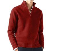 Men's Simple Casual Striped Sweaters Solid Color Long Sleeve Half Zip Warm Wool Knitted Sweater Dividers for Sweaters, red, XXL