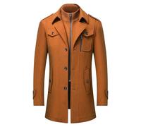 Men's Single Breasted Quilted Lined Pea Coats Wool Blend Jacket Slim Fit Mid-Long Trench Coat Warm Winter Overcoat, Khaki-1, 4XL