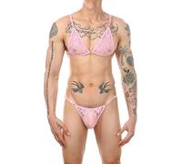 Men's Sissy Lace Bra Top and Thong Panties Set Lingerie for Male Gay Semi Sheer Floral Underwear Bikini Top Lace Mesh Crossdress Nightwear 2 Piece Pink L