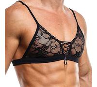 Men's Sissy Lingerie Underwear Lace Satin Bra G-String Men's Lingerie Seductive Pyjamas Transparent Undershirt Bra Top Lace Bra Nightdress Clubwear, black, L