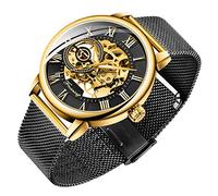 Men's Skeleton Watch Classic Roman Numeral Steampunk Mechanical Watch Hand-Wind Mens Watches (Blue), balck&gold, Mechanical