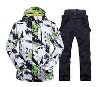 Mens Ski Jacket and Pants Set Ski Suit Winter Waterproof Windproof Hooded Snow Coat 2 Pieces Snowboarding Snowsuits, White Green, M