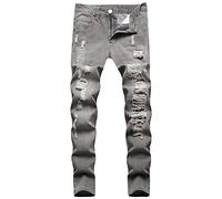 Men's Skinny Fork Jeans Slim Breaking Pocket Jeans Casual Water Wash Straight Breaking Hole Pants, grey, 30