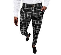 Mens Skinny Plaid Pants Slim Fit Stretch Smart Casual Business Office Work Suit Pants Commute Slacks Pants Comfort Flat-Front Tapered Leg Chino Golf Trousers with Pockets