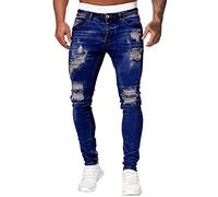 Men's Skinny Ripped Jeans, Super Stretchy Mid Waist Tapered Denim Trousers with Button/Zipper Design, Mens Comfy Distressed Denim Pants with Destroyed Holes, Solid Color Jeans Outdoor Bottoms