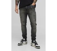 Mens Skinny Stretch Distressed Washed Grey Jeans With Chain, Grey 34R