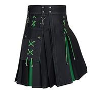 Men's Skirt Vintage Gothic Cargo Pleated Skirt Medieval Scottish Kilt Fashion Kendo Pocket Skirts Steampunk Clothing Men Plain Tartan Utility Kilts Tartan Kilt, T-1 Green, L
