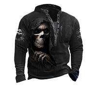 Mens Skull Printed Distressed Henley Shirts Retro V Neck Long Sleeve Tee Shirts Casual Button Down Henley Collar Washed T-Shirts