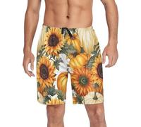 Mens Sleepwear Shorts, Sleep Pajama Shorts Novelty Pj Bottoms with Pockets Drawstring, Thanksgiving Pumpkins and Sunflowers, Small
