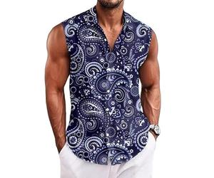 Men's Sleeveless Beach Shirts Retro Baroque Print Shirt Vest Summer Button Up Tank Tops Casual Lapel Neck Tank Shirt Loose Fitness Shirt Top