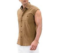 Mens Sleeveless Button Down Shirts Linen Cotton Summer Beach Basic Tank Tops Muscle Cut Off Slim Fit T-Shirt Vests (Khaki, XXXL)