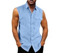 Mens Sleeveless Button Down Shirts with Front Pockets Linen Cotton Summer Beach Basic Tank Tops Hippie T-Shirts Blue
