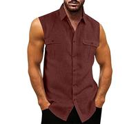Mens Sleeveless Button Down Shirts with Front Pockets Linen Cotton Summer Beach Basic Tank Tops Hippie T-Shirts Wine