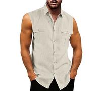Mens Sleeveless Button Down Shirts with Front Pockets Linen Cotton Summer Beach Basic Tank Tops Hippie T-Shirts Beige