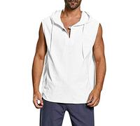Mens Sleeveless Cotton Linen Hooded Shirt Baggy Hooded Tank Tops Henley V-Neck Casual Beach Yoga Vintage Tees Vest White
