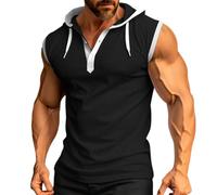 Mens Sleeveless Hoodie Button Down Gym V-Neck Athletic Tank Tops Big and Tall Summer Hooded Workout Beach Cruise Vest Black