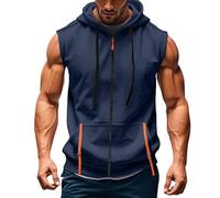 Mens Sleeveless Hoodie Zip Up Sweatshirt Tank Top Hooded, Drawstring Stretch Basketball Vest Breathable Sports Pullover with Front Pocket Summer Sweatshirt Lightweight Comfort Athletic Gym Shirt Navy