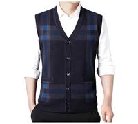 Mens Sleeveless Jumpers UK Men's Knitted Tank Top V-Neck Knitted Gilets Buttons Down Gentleman Ribbed Waistcoats Sweater Vests Plaid Knitwear Sleeveless Cardigan with Pockets for Daily Wear