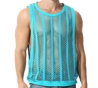 Men's Sleeveless Mesh Vest, See-Through Cut Off Fishnet Muscle Tee Shirt, Breathable Loose Fit Sheer Casual Undershirt, Fashion Hollow Out Tank Tops Activewear for Workout Gym Summer Clubwear Blue