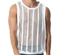 Men's Sleeveless Mesh Vest, See-Through Cut Off Fishnet Muscle Tee Shirt, Breathable Loose Fit Sheer Casual Undershirt, Fashion Hollow Out Tank Tops Activewear for Workout Gym Summer Clubwear White