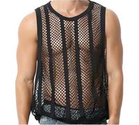 Men's Sleeveless Mesh Vest, See-Through Cut Off Fishnet Muscle Tee Shirt, Breathable Loose Fit Sheer Casual Undershirt, Fashion Hollow Out Tank Tops Activewear for Workout Gym Summer Clubwear Black