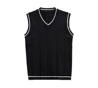 Men's Sleeveless Sweater Vest Striped Trim V Neck Pullover Vest Men Dress Coats