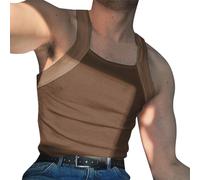 Men's Sleeveless Tank Tops Square Neck Knitted Muscle Tshirt Vest Lightweight Breathable Slim Fit Tops Sports Vest Sportswear Coffee