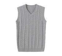 Mens Sleeveless V Neck Jumpers, Cable Knit Jumper for Men UK Clearance Smart Casual Sweater Vest Solid Color Knitted Jumper Gentleman Knitwear Knitted Waistcoat Ribbed Cuffs Tank Tops Gray