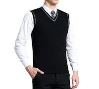 Men's Sleeveless Vest V-Neck Sweater Vest Casual Business T-Shirts Relax Fit Solid Gilets Bottomed Plaid Shirt Gentleman Knitwear Knitted Waistcoat Sweater Cardigans Formal Dress Shitrs XXXL Black