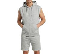 Men's Sleeveless Zip-Up Hoodie and Shorts Set, 2-Piece Fleece Tracksuit for Gym, Summer Workouts, and Daily Wear with Pockets (UK, Alpha, XXL, Regular, Regular, Light Grey)