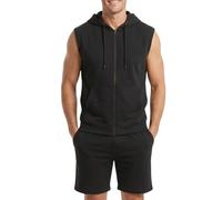 Men's Sleeveless Zip-Up Hoodie and Shorts Set, 2-Piece Fleece Tracksuit for Gym, Summer Workouts, and Daily Wear with Pockets