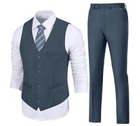 Mens Slim Fit 2 Piece Suit Set V-Neck Solid Dress Suit Vest Pants Wedding Prom Tuxedo for Men, Dark Grey, XS