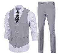 Mens Slim Fit 2 Piece Suit Set V-Neck Solid Dress Suit Vest Pants Wedding Prom Tuxedo for Men, Light Grey, M
