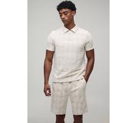 Men's Slim Fit Boucle Check Zip Neck Polo & Shorts Set | Stone | Size Medium | BOOHOOMAN
