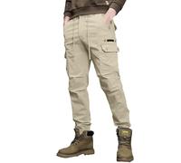 Mens Slim Fit Cargo Trousers Tapered Fit Ribbed Cuffed Work Pants Lightweight Combat Pants Vintage Ripstop Tactical Hiking Trousers Elasticated Waist Tracksuit Bottoms Solid Color Joggers Khaki