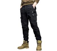 Mens Slim Fit Cargo Trousers Tapered Fit Ribbed Cuffed Work Pants Lightweight Combat Pants Vintage Ripstop Tactical Hiking Trousers Elasticated Waist Tracksuit Bottoms Solid Color Joggers Black