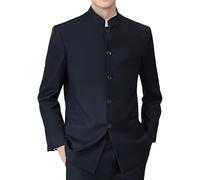 Men's Slim Fit Chinese Style Sport Coats Solid Color Chinese Tunic Prom Mandarin Collar Lightweight Suit Jacket Black