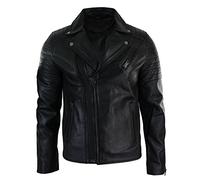 Mens Slim Fit Cross Zip Retro Vintage Brando Real Leather Jacket Vintage Biker