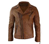 Mens Slim Fit Cross Zip Retro Vintage Brando Real Leather Jacket Vintage Biker Tan