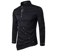 Mens Slim Fit Dress Shirts Asymmetric Hem Long Sleeve Banded Collar Oblique Button Solid Tops Casual Business Tee Shirt Black
