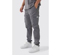 Men's Slim Fit Elasticated Waist Woven Tab Cuffed Cargo Trousers | Charcoal | Size Medium | BOOHOOMAN