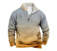 Men's Slim Fit Hoodless Tops Plain Fleece Hoodies Foreign Trade New Patchwork Men's Gradient Sweatshirt Long Sleeved Stand Up Collar Zip Casual Pullover Sweater Soft and Comfy Adult Tops (Orange, S)