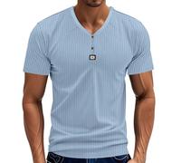 Men's Slim Fit Ribbed Knit Fitted Cotton Shirt Muscle Henley T Shirts Stretch Short Sleeve V Neck Two Buttons Bodybuilding Workout Tee Shirts Light Blue