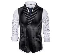 Mens Slim Fit Sleeveless Suit Vest Double Breasted Business Dress Waistcoat Fashion Striped Dress Vest for Wedding Party Prom(Black,Medium)
