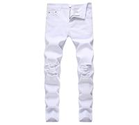 Men's Slim-Fit Stretch Jeans Skinny Jeans for Men Distressed Straight Leg Fashion Comfort Flex Waist Pants Motorbike Denim Trousers Athletic Stylish Bottoms White 36