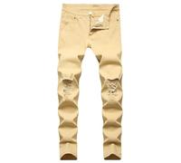 Men's Slim-Fit Stretch Jeans Skinny Jeans for Men Distressed Straight Leg Fashion Comfort Flex Waist Pants Motorbike Denim Trousers Athletic Stylish Bottoms Khaki 36