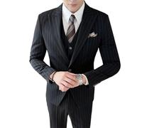 Men's Slim-Fit Three-Piece Striped Suit Korean Wedding Business Casual Fashion Suit Black 4XL