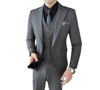 Men's Slim-Fit Three-Piece Striped Suit Korean Wedding Business Casual Fashion Suit Gray9 4XL