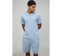 Men's Slim Fit Waffle Revere Polo & Shorts Set | Dusty Blue | Size Large | BOOHOOMAN