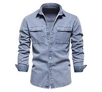 Mens Slim Fit Washed Denim Work Shirts with Chest Pockets Classic Long Sleeve Button Down Lapel Collared Truck Shirts(Xa-Bue,Medium)